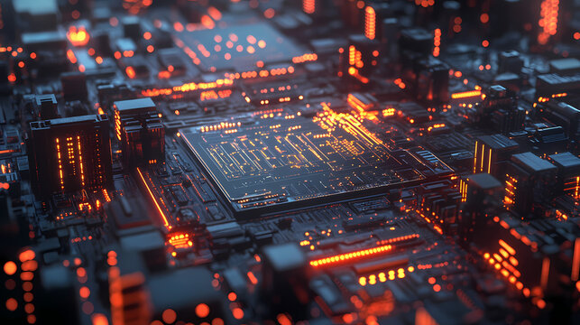 Silicon wafer with glowing circuits symbolizes ais role in futuristic cityscape. concept technology, ai, future cities, silicon wafer, glowing circuits. Futuristic. Illustration