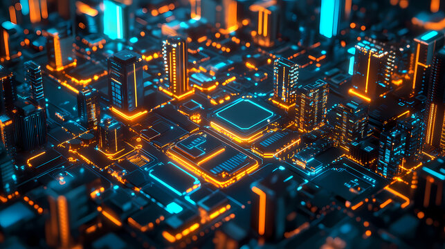 Silicon wafer with glowing circuits symbolizes ais role in futuristic cityscape. concept technology, ai, future cities, silicon wafer, glowing circuits. Futuristic. Illustration
