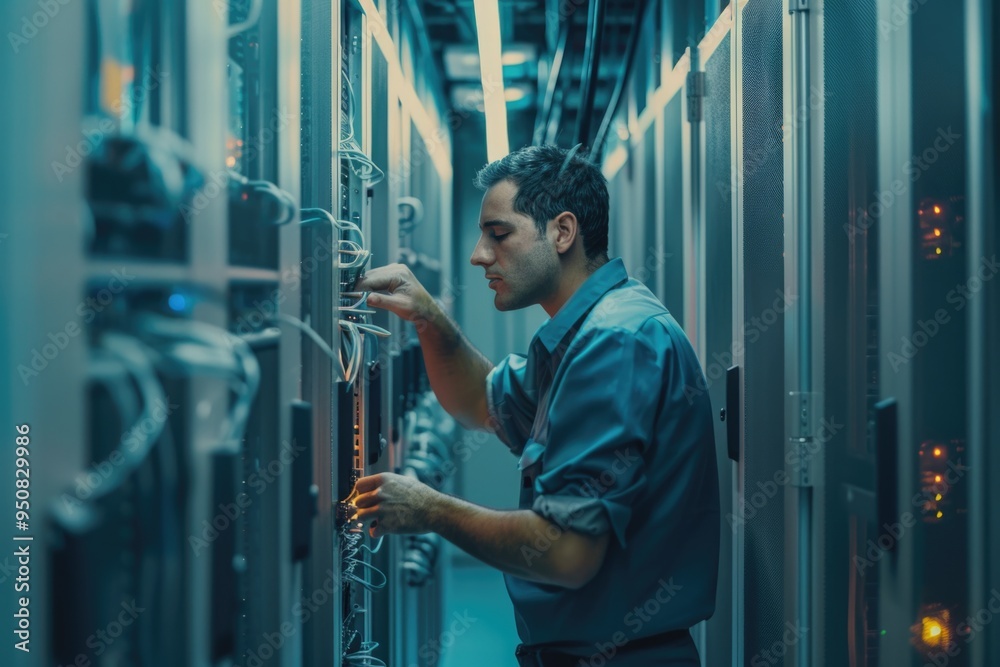 Poster a technician works on electrical wires in a server room, providing a glimpse into the behind-the-sce