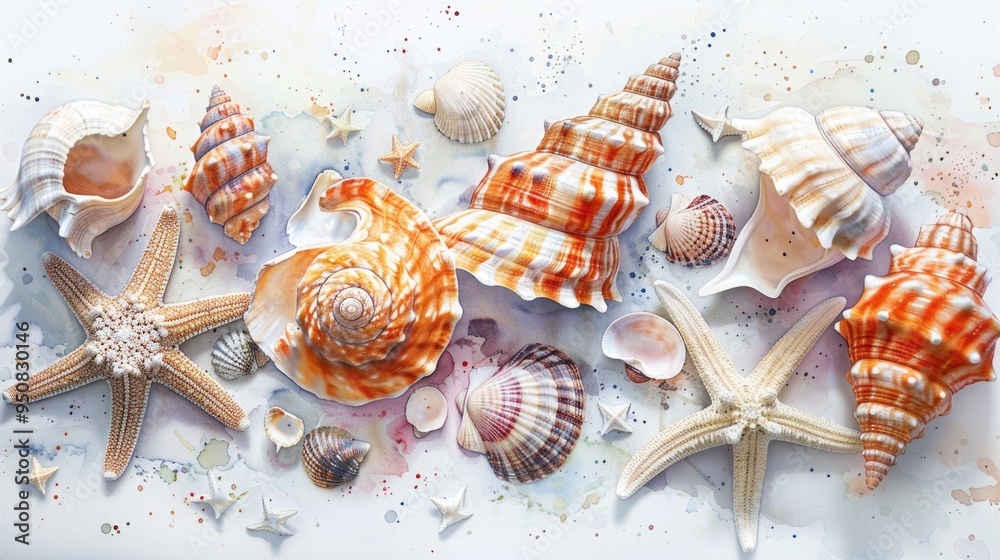 Poster collection of seashells and starfish arranged on a clean white surface