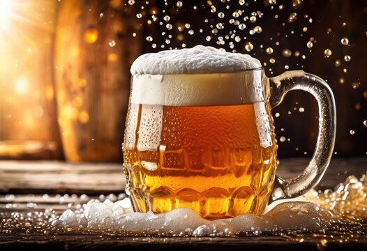 frothy beer mug overflowing foam set rustic textured wood highlighting rich amber color bubbles beer, drink, beverage, alcohol, refreshing, craft, bar