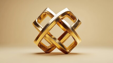 Stylized Three-Dimensional Logo with Interconnected Geometric Shapes in Gold Color, Abstract Design with No Specific Representation
