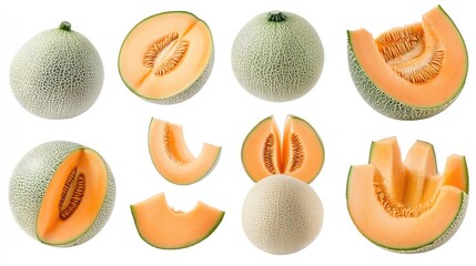Variety of Fresh Cantaloupe Melons in Whole and Sliced Forms, Showcasing Juicy and Vibrant Orange Flesh, Perfect for Culinary and Health-Related Projects