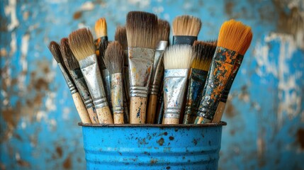 Fototapeta premium Variety of Paintbrushes with Different Bristle Types and Sizes Arranged in a Blue Metal Container