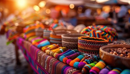 Fototapeta premium Artisan crafts at a bustling market, vibrant and handmade, Rustic, Bright colors, Photograph, Cultural heritage