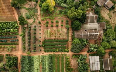 Aerial view of diverse crops in a sustainable farm showcasing efficient land use and various agricultural practices