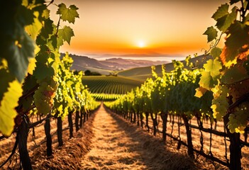 Fototapeta premium vibrant vineyard landscape bathed warm sunset hues lush green vines golden skies, illumination, nature, scenery, fields, grapes, light, colors, sky, evening