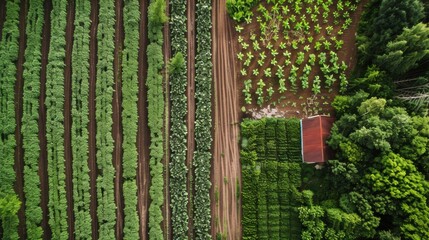 Side-by-side comparison of two distinct farms showcasing contrasting cultivation methods and crop variety in a rural landscape