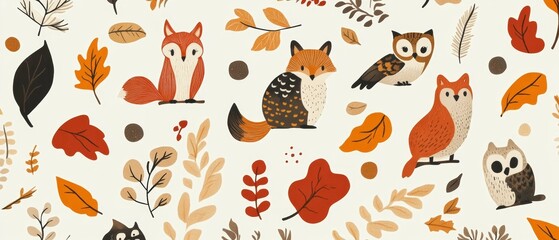 A colorful and whimsical design of animals and leaves