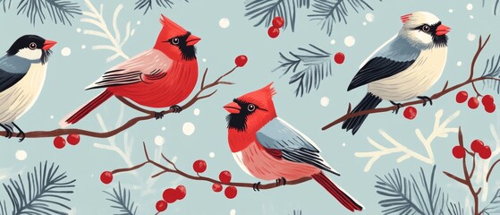 A painting of four birds on a branch with berries