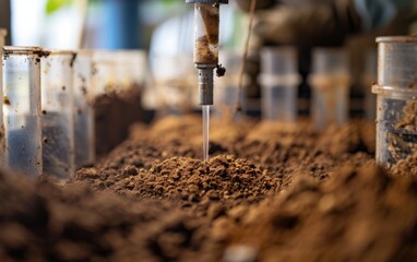 Close-up of soil testing process with samples and equipment highlighting analysis techniques in a laboratory setting