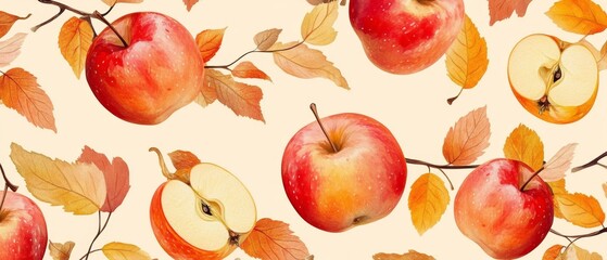 A painting of apples and leaves with a yellow background