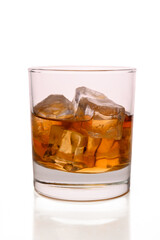 Glass of scotch with ice on white background
