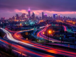 Obraz premium City skyline at night, vibrant and expansive, Urban, Bright colors, Photograph, Urban beauty