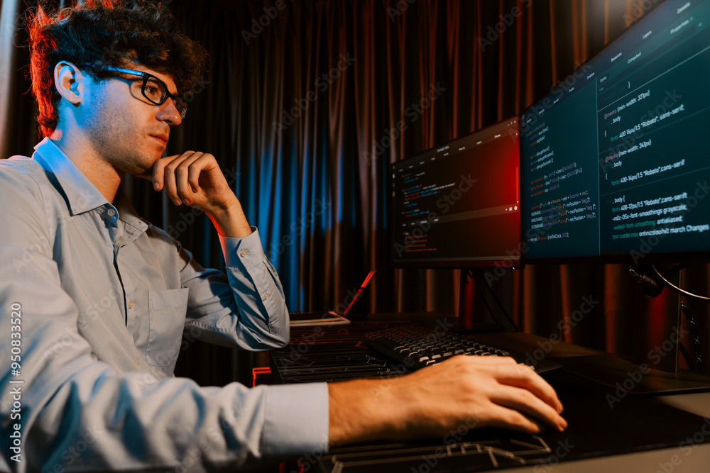 Poster it developer thinking online software development information coding on pc screen at side view, work