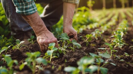 Gardener tending to young plants in a vibrant vegetable patch during early spring
