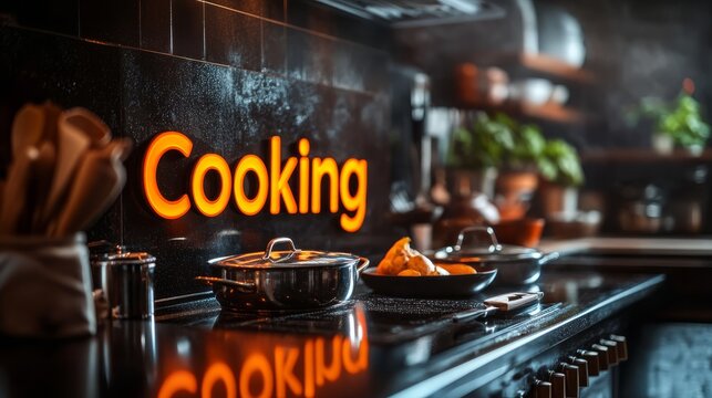 Culinary Delights - Bold Orange "Cooking" Text with Kitchen Icons on Exciting Background for Food Advertisement