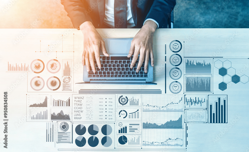Poster data analysis for business and finance concept. interface showing future computer technology of prof