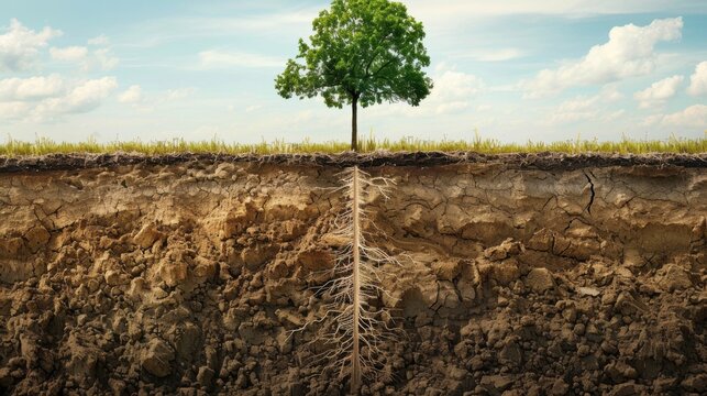 Cross-section of farmland depicting tree growth and soil enhancement over time in a rural landscape