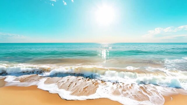 The sun rises over a tranquil beach, casting a warm glow on the water. Gentle waves wash onto the shore, creating a peaceful atmosphere ideal for relaxation.