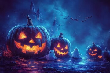 Naklejka premium Halloween Festivity, a lively scene with playful pumpkins and cheerful ghosts celebrating the spirit of Halloween in a whimsical setting
