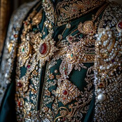 Green Fabric Embroidered with Gold and Jewels
