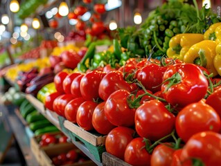 Fresh produce at a market, vibrant and abundant, Rustic, Bright colors, Photograph, Culinary ingredients