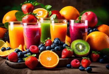 vibrant arrangement colorful fruits surrounded bright juice splashes creating lively fresh visual experience, apple, orange, berry, tropical, pineapple, kiwi