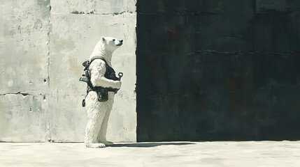 Obraz premium A polar bear wearing a tactical vest and holding a wrench stands in front of a grey wall and a black wall. Generated with AI.