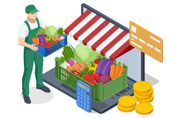 Online sale of vegetables and fruits. Isometric Farmer sells fresh Fruts and vegetables. Natural fresh products. Sellers and marketing concept. Farmer market.