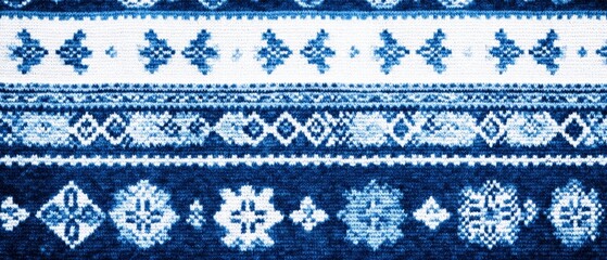 A blue and white striped rug with a pattern of diamonds