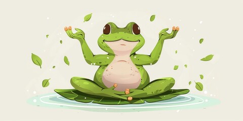 Naklejka premium Cartoon frog in a meditative pose on a lily pad, surrounded by serene water lilies.