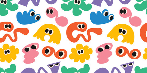 Seamless kids pattern with abstract funny comic cool shapes with eyes in trendy retro Groovy, Y2K style, Vintage. Colored elements on white background  for Halloween. Flat Vector EPS10
