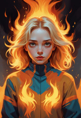Angry cartoon with blonde hair and a scowling expression, surrounded by flames