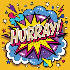 Vector Template in Comic Book-Style Illustration Featuring 'Hurray!' in Speech Bubbles, Thunder Sign, and Bold Colors, Ideal for Retail and Online Shop Promotions