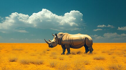 Fototapeta premium White rhinoceros walking on a field of yellow flowers