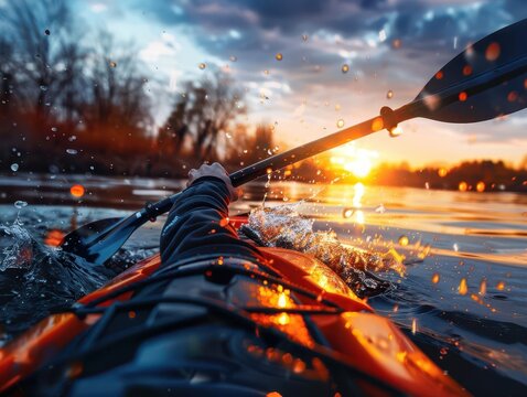 Kayaking adventure on a river, dynamic and adventurous, Nature, Cool tones, Photograph, Water sport