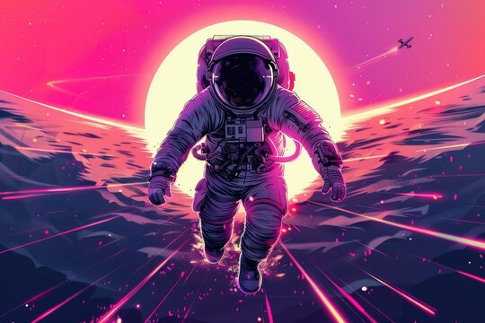 An astronaut in a space suit flying through the air, ideal for use in sci-fi or adventure illustrations