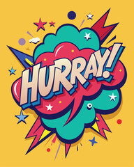 Obraz premium Vector Template in Comic Book-Style Illustration Featuring 'Hurray!' in Speech Bubbles, Thunder Sign, and Bold Colors, Ideal for Retail and Online Shop Promotions