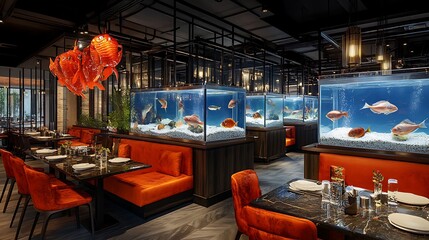Fototapeta premium Authentic Chinese Seafood Restaurant with Fresh Dishes and Elegant Dining Atmosphere