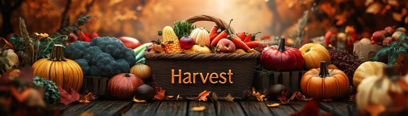 Harvest Season Promotion - Warm 3D Typography with Fruits and Vegetables on Brown Background for Marketing Design
