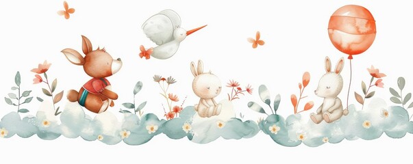 Whimsical watercolor illustration border, ideal for children&rsquo;s textiles or playful designs.