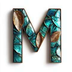 3D letter "M", jade and bronze with a textured finish, white background, with natural leaf patterns