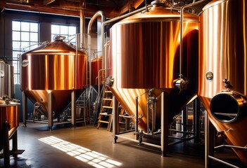 vibrant craft beer creation energetic brewery setting colorful ingredients brewing equipment, hops, malt, fermentation, tanks, barreling, tasting, tour, ale