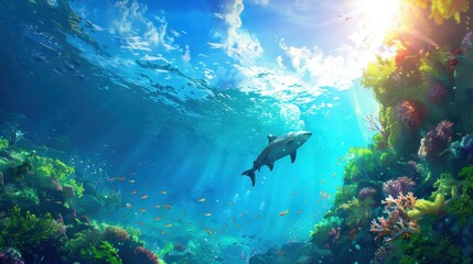 Fototapeta premium Dive into the mesmerizing underwater world, showcasing vibrant coral reefs and a majestic shark swimming gracefully in sunlit waters.