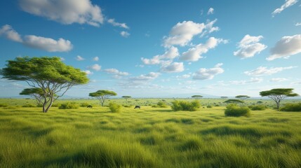 Obraz premium Lush green landscape under a blue sky, featuring gentle rolling hills and scattered trees. Ideal for nature, travel, and environmental themes.