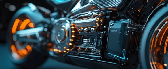 Close-up of a Futuristic Motorcycle Engine with Orange and Blue Lights