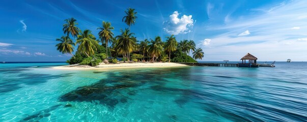 Obraz premium Tropical island with palm trees, serene and inviting, Coastal, Bright hues, Photograph, Paradise