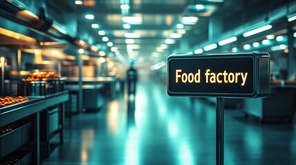 Food Factory Signage in 3D Text Style with Bright Indoor Setting and Bustling Atmosphere, Closeup Shot for Copy Space