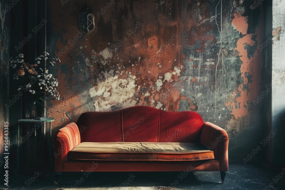 Canvas Prints A worn-out couch sits in front of a weathered, rusted wall